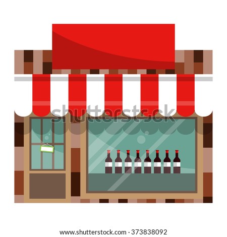 The front facade of the liquor store with a large shop window. Flat style. Vector illustration.
