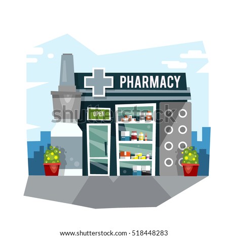 The pharmacy building front shop. Street building a local pharmacy. Medicine retail shop facade. Vector illustration.
