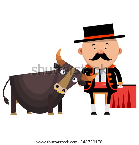 Toreador with the bull. Spanish bullfighting. Vector illustration isolated on white background.