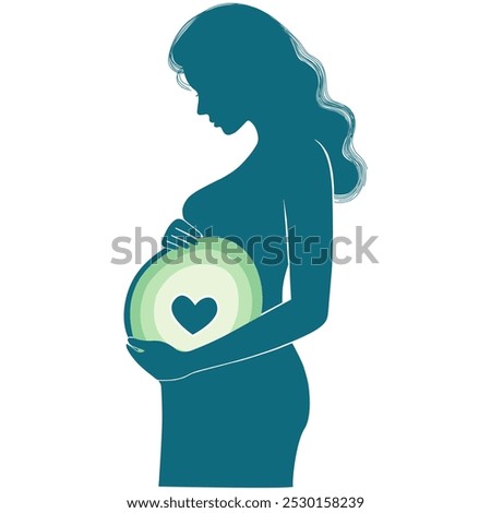 Graceful silhouette of a woman representing peaceful and joyful motherhood with a gentle heart symbol on her belly, perfect for maternity design, concepts celebrating life, love, pregnancy and family