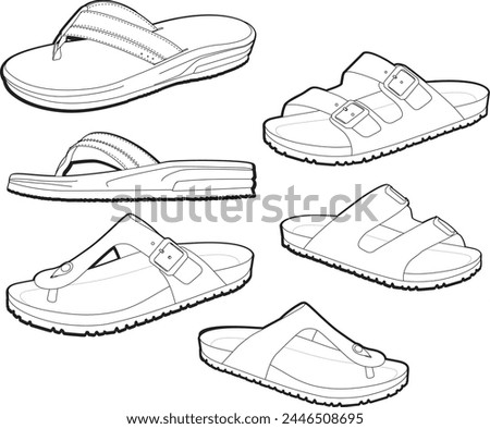 a set of summer sandals unisex sandals technical drawing black and white vector illustration 
