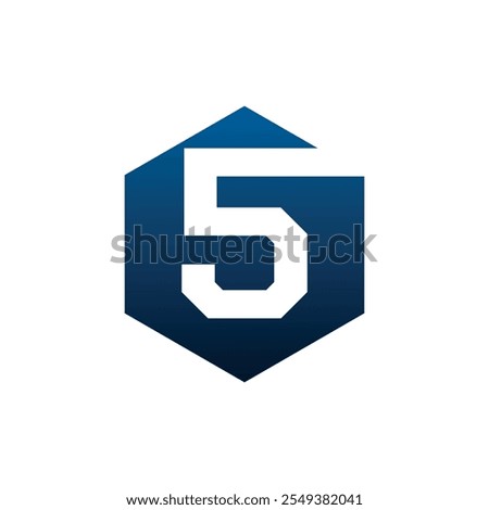 Number five vector logo symbol in the dark blue hexagonal on white background. Vector template for your design