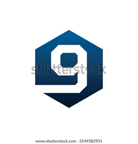 Number nine vector logo symbol in the dark blue hexagonal on white background. Vector template for your design