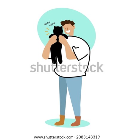 Happy man is holding cute purring cat. Spending time with cat, boosting your mood and lowering your stress levels. Love cats and humans, relationship concept. Vector illustration. 