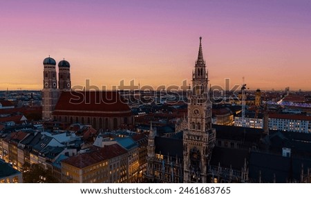 Similar – Image, Stock Photo Munich skyline, view from Monopteros temple in Englischer Garten, Germany. The image shows: Bavarian State Chancellery, Tower of St. Peter Church, Tower of New Town Hall, Frauenkirche, Theatinerkirche