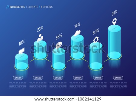 Modern isometric infographic design, chart, template, concept with 3d cylindrical elements on gradient background. 6 options, steps, processes. Global swatches.