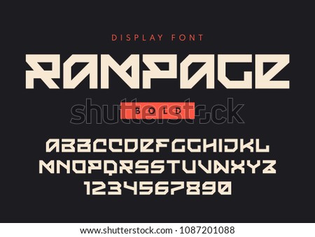 Vector modern bold display font named Rampage, blocky typeface, futuristic uppercase letters and numbers, alphabet. Global swatches.