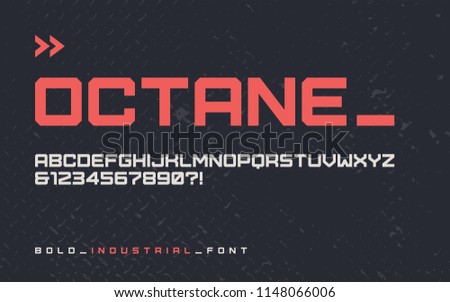 Vector bold industrial style display font, modern blocky typeface, futuristic uppercase letters and numbers, alphabet. Global swatches.