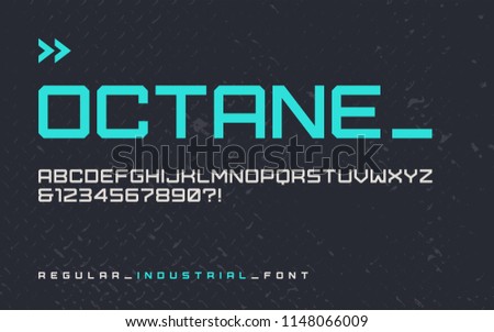 Vector regular industrial style display font, modern blocky typeface, futuristic uppercase letters and numbers, alphabet. Global swatches.