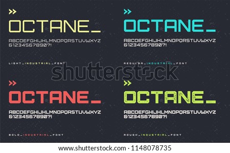 Vector light regular bold and rough industrial style display font, blocky typeface, futuristic uppercase letters and numbers, alphabet. Global swatches.