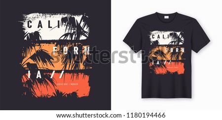 California Ocean side stylish t-shirt and apparel trendy design with palm trees silhouettes, typography, print, vector illustration. Global swatches.