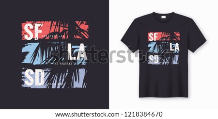 SF LA SD graphic tee vector design with palm tree silhouette. Global swatches.