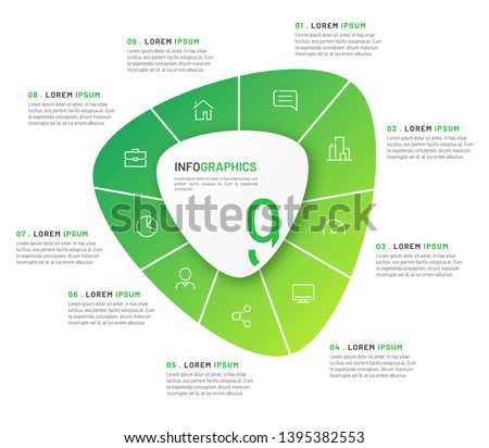 Vector circular infographic template in the form of abstract shape divided by nine parts.