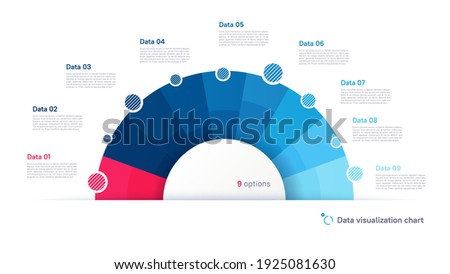 Vector pie chart infographic template in the form of semicircle divided by nine parts.