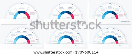 Vector round infographic chart templates in the form of semicircle. 3 4 5 6 7 8 options.