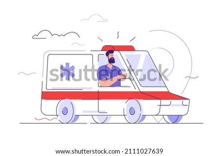Vector outline illustration depicting paramedic driving an ambulance vehicle. Editable stroke.