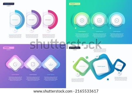 Abstract vector gradient minimalistic infographic templates composed of 3 shapes.