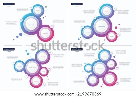 Abstract vector gradient minimalistic infographic templates composed of 3 4 5 6 circles.