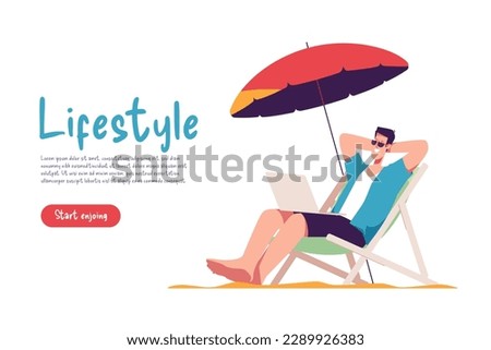 Young man sitting in lounge deck chair at the beach and relaxing. Vector illustration.