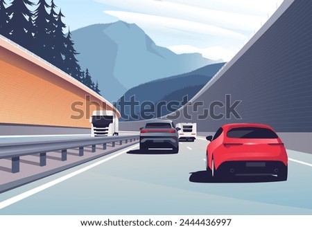 Vector illustration of a cars driving in the mountains.