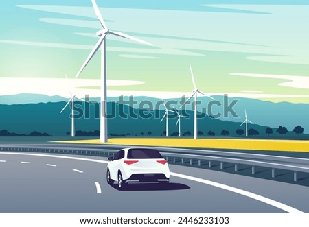 Vector illustration of a car driving on the highway in the mouuntains along windmills farm.