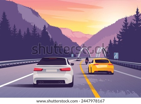 Vector illustration of a cars driving in the mountains at sunset.