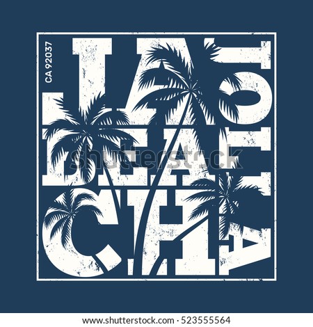La Jolla tee print with palm trees. T-shirt design, graphics, stamp, label, typography.