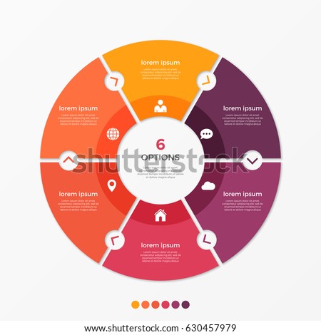 Circle chart infographic template with 6 options for presentations, advertising, layouts, annual reports. Vector illustration.