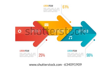 Timeline chart infographic template with arrows. 3 options, steps, parts, processes. Vector illustration.