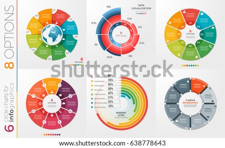 Collection of 6 vector circle chart templates for infographics with 8 options.