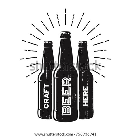 Textured craft beer pub, brewery, bar logo design with bottle silhouettes and sunrburst. Vector label, emblem, typography.