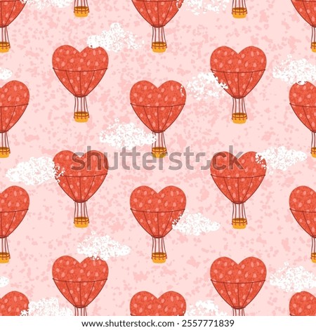 Vector Colorful Valentines Day Seamless Pattern with Illustrations of Heart Shape Air Balloon on White Background