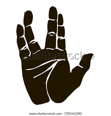 Vector black silhouette illustration of a human hand scifi salute isolated on white background. Can be used for web poster info graphic.