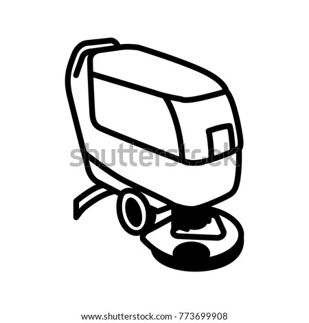 Black outline illustration of compact automatic floor scrubber machine isolated on white background. Vector icon