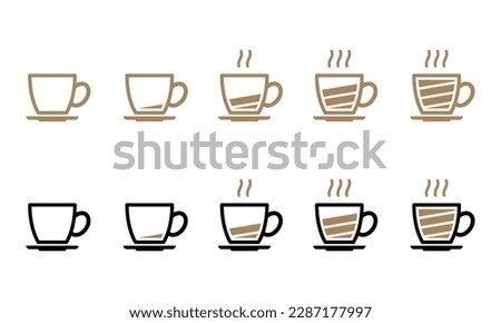 Battery level indicator in black and brown line and colored outline coffee cup on dish icon set