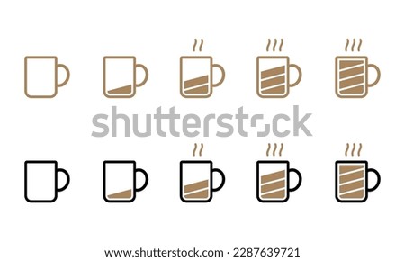 Battery level indicator in black and brown line and colored outline coffee mug icon from empty to fully charged set