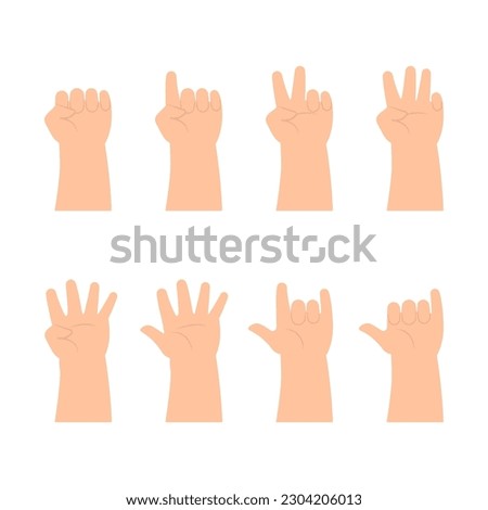 Hands of kids counting number zero to five and posing hand signal with palms facing up set in flat design