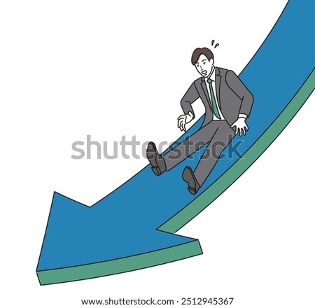 Businessman sliding down an arrow and becoming impatient