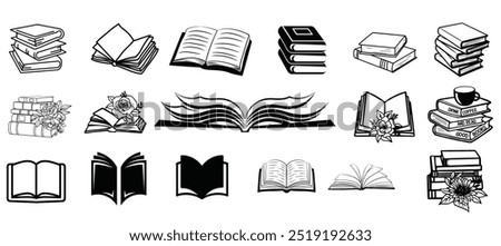 Book icons set in thin line style,ideal for school logos, library graphics, and learning platforms isolated on white background, Minimalist open book vector illustration