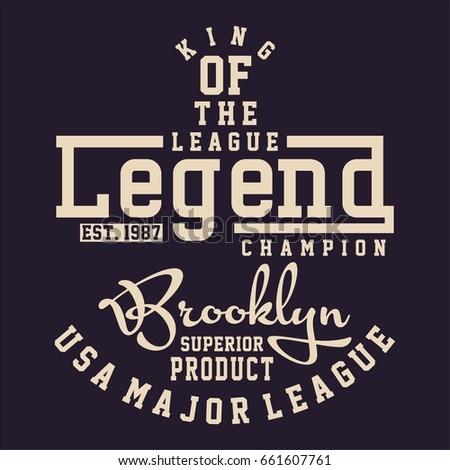 Design alphabet and numbers LEAGUE LEGEND CHAMPION for t-shirts