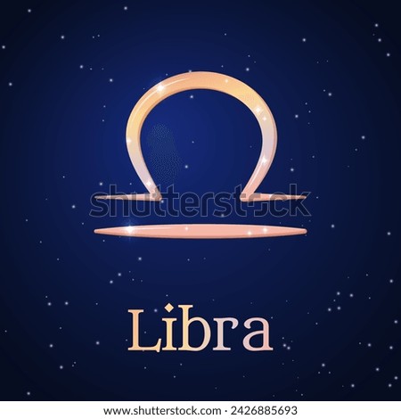 Libra zodiac sign on dark blue starry sky. Libra symbol. Astronomy, astrology, horoscope. Cosmos. Seventh zodiac sign - the ruler planet Venus. Element - Air. The Scales. Vector illustration