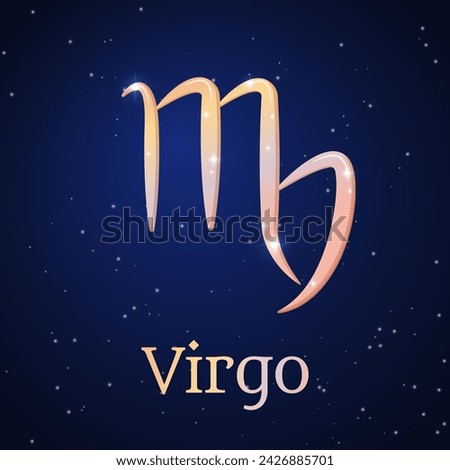 Virgo zodiac sign on dark blue starry sky. Virgo symbol. Astronomy, astrology, horoscope. Cosmos. Sixth zodiac sign - the ruler planet Mercury. Element - Earth. The Maiden. Vector illustration