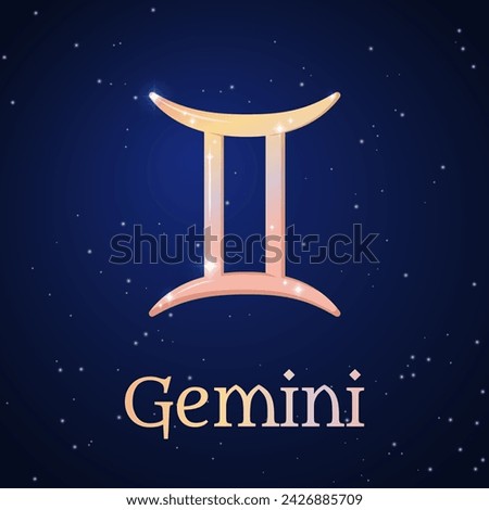 Gemini zodiac sign on dark blue starry sky. Gemini symbol. Astronomy, astrology, horoscope. Cosmos. Third zodiac sign - the ruler planet Mercury. Element - Air. The Twins. Vector illustration