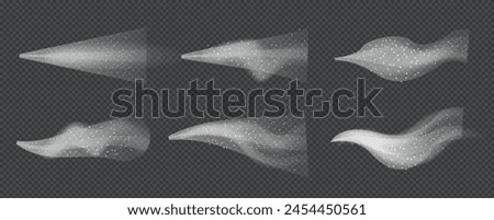 Water spray white smoke or fog dust and dots, mist of atomizer. Trigger Sprayer effect with spray or stream nozzles. Abstract dots clouds, blizzard. 3d elements vector illustration