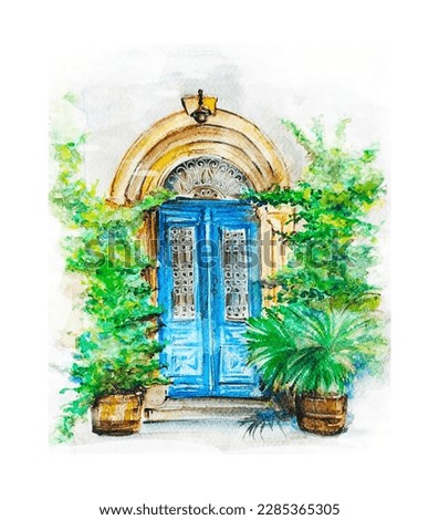 Watercolor painting of old door, art illustration