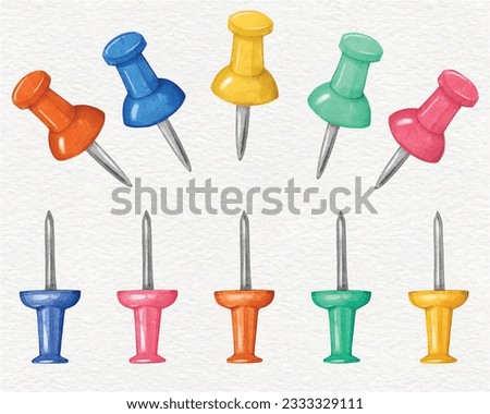push pins vector set in different colors. isolated Thumbtacks. Top and side view. watercolor style