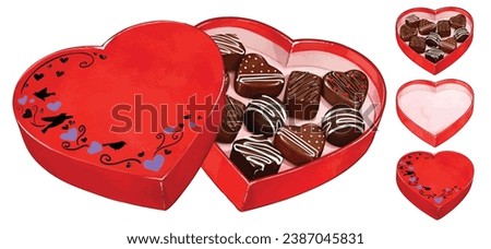 Heart shaped Valentine chocolate box with chocolate candy inside watercolor vector illustration for holidays celebration and romantic designs. empty and full red heart box.