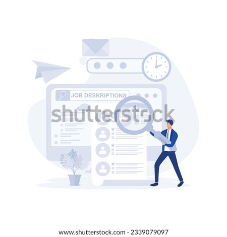 Finding the right job concept, Unemployment person hold magnifying glass to look at job description, flat vector modern illustration 