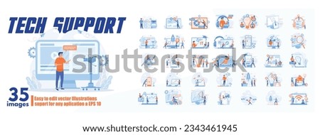 Tech support concept illustration, collection of male and female business people scenes in the tech support scene. mega set flat vector modern illustration