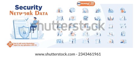 Security network data concept illustration, collection of male and female business people scenes in the security network data scene. mega set flat vector modern illustration